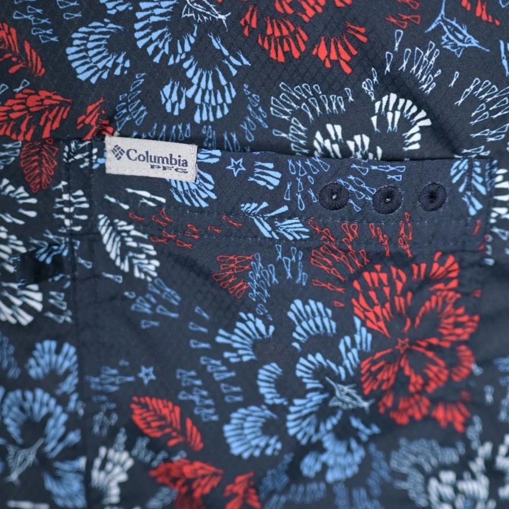 Columbia PFG Mens XL Super Slack Tide shirt Blue Red 4th of July Patriotic - Picture 6 of 9